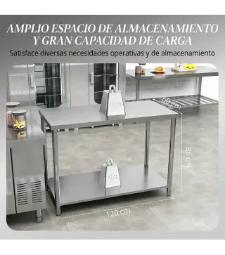 Mesa de Trabajo de Acero Inoxidable con 2 Estantes para Cocina Garaje Taller Carga 100 kg 120x60x86 cm Plata