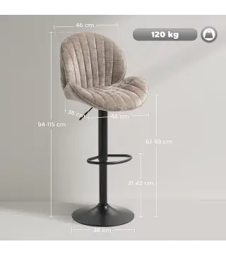 Juego de 2 Taburetes de Bar Giratorios con Altura Ajustable 62-83 cm Tapizada en Chenilla Respaldo y Reposapiés Moca