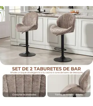 Juego de 2 Taburetes de Bar Giratorios con Altura Ajustable 62-83 cm Tapizada en Chenilla Respaldo y Reposapiés Moca