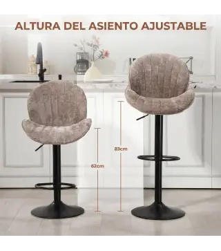 Juego de 2 Taburetes de Bar Giratorios con Altura Ajustable 62-83 cm Tapizada en Chenilla Respaldo y Reposapiés Moca