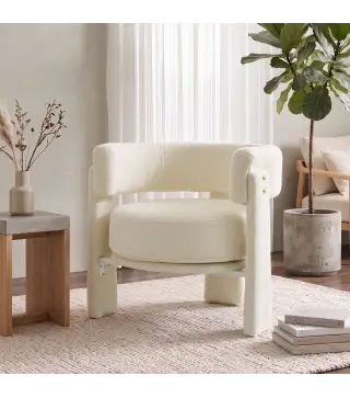 Butaca de Salón Tapizado en Borreguito con Cojín Lumbar Asiento Profundo Acolchado Grueso y Reposabrazos Blanco Crema