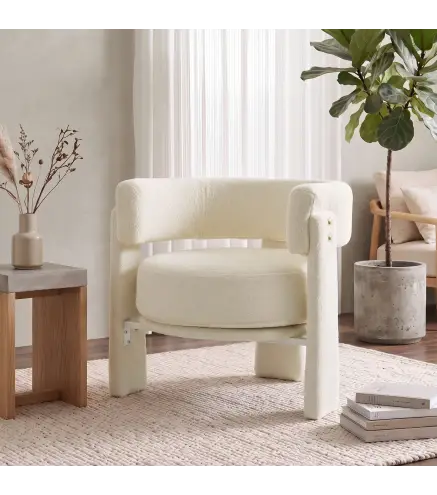 Butaca de Salón Tapizado en Borreguito con Cojín Lumbar Asiento Profundo Acolchado Grueso y Reposabrazos Blanco Crema