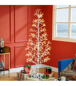 Árbol de Navidad Artificial 180 cm con 384 Luces LED Blanco Cálido Ramas Flexibles Base de Acero Blanco