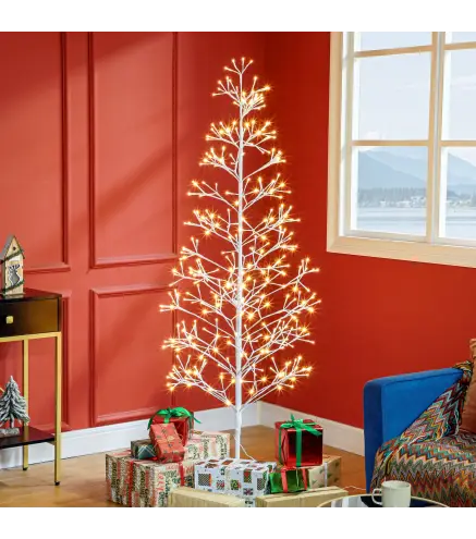 Árbol de Navidad Artificial 180 cm con 384 Luces LED Blanco Cálido Ramas Flexibles Base de Acero Blanco
