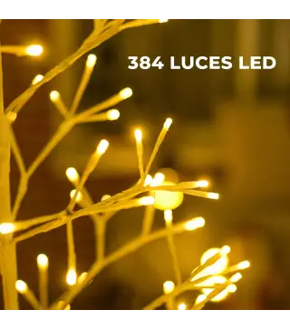 Árbol de Navidad Artificial 180 cm con 384 Luces LED Blanco Cálido Ramas Flexibles Base de Acero Blanco