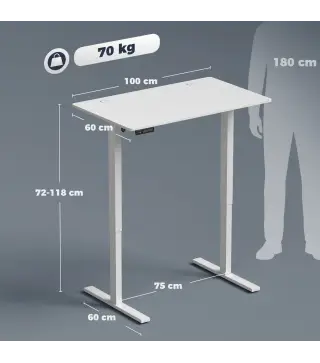 Escritorio Elevable Eléctrico 100x60 cm con 3 Memorias Pantalla LED 2 Ganchos y 2 Pasacables Blanco