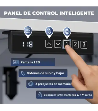 Escritorio Elevable Eléctrico 100x60 cm con 3 Memorias Pantalla LED 2 Ganchos y 2 Pasacables Blanco