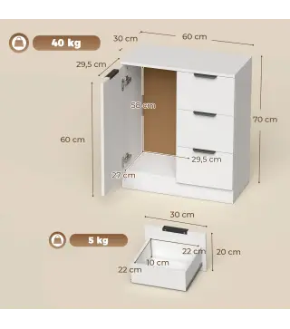 Aparador de Salón Estrecho con Puerta 3 Cajones 60x30x70 cm para Entrada Comedor Blanco