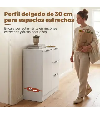 Aparador de Salón Estrecho con Puerta 3 Cajones 60x30x70 cm para Entrada Comedor Blanco