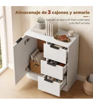 Aparador de Salón Estrecho con Puerta 3 Cajones 60x30x70 cm para Entrada Comedor Blanco