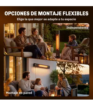 Calefactor Infrarrojos Terraza de Pie o Pared 2000 W con Mando 9 Niveles Calor Temporizador Apagado Inclinación Funda