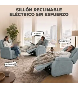 Sillón Relax Reclinable Eléctrico de Lino con Asiento con Muelles Reposapiés Mando USB y 2 Bolsillos Laterales Verde