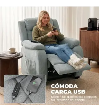Sillón Relax Reclinable Eléctrico de Lino con Asiento con Muelles Reposapiés Mando USB y 2 Bolsillos Laterales Verde