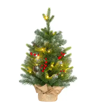 Árbol de Navidad Sobremesa 60 cm con 20 Luces LED 141 Ramas 5 Piñas 5 Racimos de Bayas Rojas y Soporte de Metal Verde