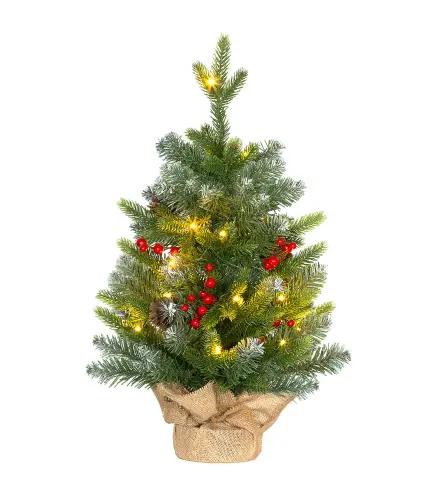 Árbol de Navidad Sobremesa 60 cm con 20 Luces LED 141 Ramas 5 Piñas 5 Racimos de Bayas Rojas y Soporte de Metal Verde