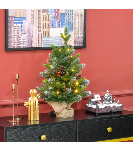 Árbol de Navidad Sobremesa 60 cm con 20 Luces LED 141 Ramas 5 Piñas 5 Racimos de Bayas Rojas y Soporte de Metal Verde