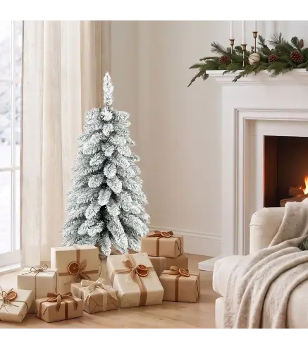 Árbol de Navidad Artificial Nevado 90 cm con 107 Ramas Caídas y Base de Arpillera Blanco