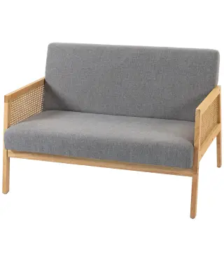 Sofá de 2 Plazas Tapizado en Lino con Detalles Ratán Sintético Estructura de Madera Carga 240 kg 115x77x77 cm Gris