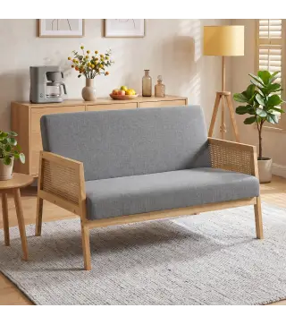 Sofá de 2 Plazas Tapizado en Lino con Detalles Ratán Sintético Estructura de Madera Carga 240 kg 115x77x77 cm Gris