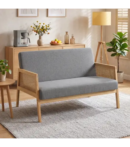 Sofá de 2 Plazas Tapizado en Lino con Detalles Ratán Sintético Estructura de Madera Carga 240 kg 115x77x77 cm Gris