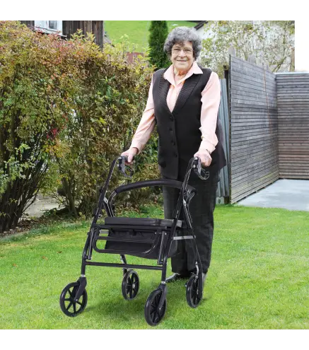Andador para Ancianos Plegable con Asiento y 4 Ruedas Mango Ergonómico Ajustable en Altura Frenos de Maneta Cesta Negro