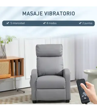 Sillón de Masaje Reclinable con Mando a Distancia Bolsillo Lateral y Temporizador Tapizado en PU 68x88x98 cm Gris Claro