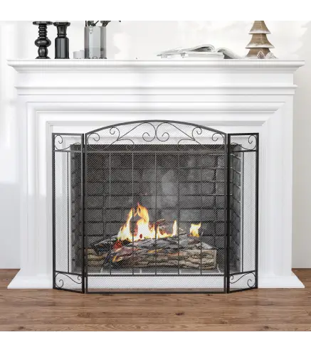 Salvachispas para Chimenea 105x80,5 cm Pantalla para Chimenea Plegable de 3 Paneles Protector de Chimenea Negro