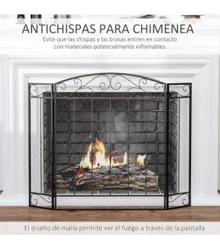 Salvachispas para Chimenea 105x80,5 cm Pantalla para Chimenea Plegable de 3 Paneles Protector de Chimenea Negro
