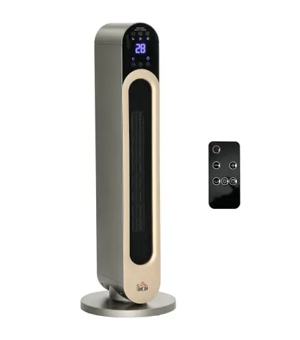 Calefactor Cerámico de Torre 1100/2200W con Mando Pantalla LED Temporizador y Oscilación Ø25x73,5 cm Plata