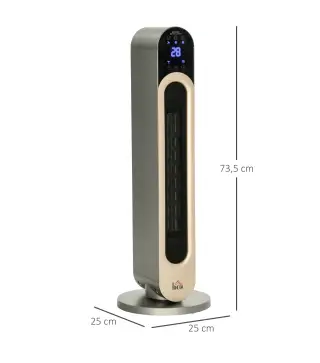 Calefactor Cerámico de Torre 1100/2200W con Mando Pantalla LED Temporizador y Oscilación Ø25x73,5 cm Plata