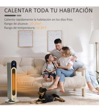 Calefactor Cerámico de Torre 1100/2200W con Mando Pantalla LED Temporizador y Oscilación Ø25x73,5 cm Plata