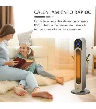 Calefactor Cerámico de Torre 1100/2200W con Mando Pantalla LED Temporizador y Oscilación Ø25x73,5 cm Plata