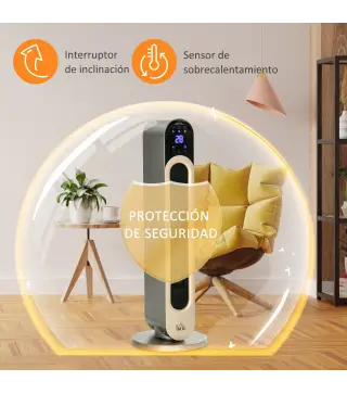 Calefactor Cerámico de Torre 1100/2200W con Mando Pantalla LED Temporizador y Oscilación Ø25x73,5 cm Plata
