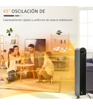 Calefactor Cerámico de Torre 1100/2200W con Mando Pantalla LED Temporizador y Oscilación Ø25x73,5 cm Plata