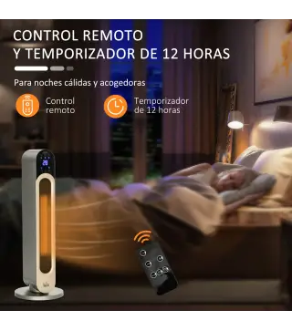 Calefactor Cerámico de Torre 1100/2200W con Mando Pantalla LED Temporizador y Oscilación Ø25x73,5 cm Plata