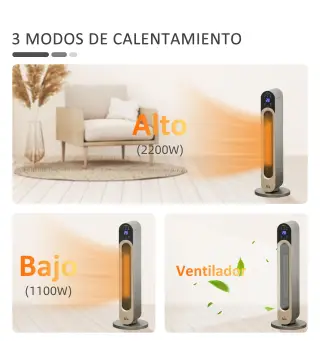 Calefactor Cerámico de Torre 1100/2200W con Mando Pantalla LED Temporizador y Oscilación Ø25x73,5 cm Plata
