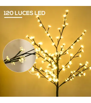Árbol de Flor de Cerezo con 120 Luces LED IP44 en Blanco Cálido Decoración para Interiores 17x17x120 cm Negro