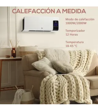 Calefactor Eléctrico de Pared 1000W/2000W Estufa con Pantalla LED y Mando a Distancia 54,5x12x21,5 cm Blanco