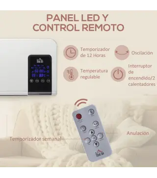 Calefactor Eléctrico de Pared 1000W/2000W Estufa con Pantalla LED y Mando a Distancia 54,5x12x21,5 cm Blanco