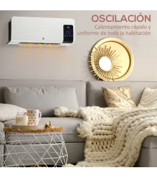 Calefactor Eléctrico de Pared 1000W/2000W Estufa con Pantalla LED y Mando a Distancia 54,5x12x21,5 cm Blanco