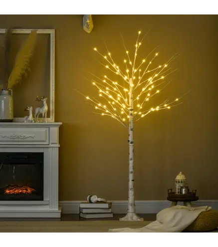 Árbol de Abedul Altura 180 cm con 96 Luces LED IP44 Blanco Cálido Decoración para Interiores 22x22x180 cm Blanco