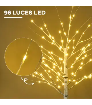 Árbol de Abedul Altura 180 cm con 96 Luces LED IP44 Blanco Cálido Decoración para Interiores 22x22x180 cm Blanco