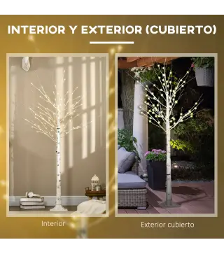 Árbol de Abedul Altura 180 cm con 96 Luces LED IP44 Blanco Cálido Decoración para Interiores 22x22x180 cm Blanco