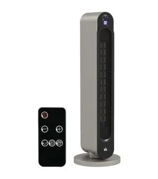 Calefactor Cerámico de Torre 1100/2200W Mando Pantalla LED Temporizador y Oscilación Ø25x73,5 cm Plata y Negro