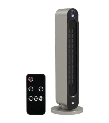 Calefactor Cerámico de Torre 1100/2200W Mando Pantalla LED Temporizador y Oscilación Ø25x73,5 cm Plata y Negro
