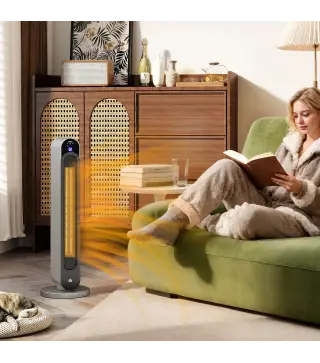 Calefactor Cerámico de Torre 1100/2200W Mando Pantalla LED Temporizador y Oscilación Ø25x73,5 cm Plata y Negro