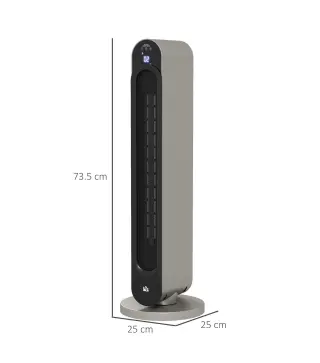 Calefactor Cerámico de Torre 1100/2200W Mando Pantalla LED Temporizador y Oscilación Ø25x73,5 cm Plata y Negro