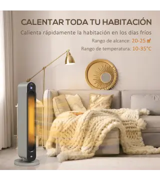 Calefactor Cerámico de Torre 1100/2200W Mando Pantalla LED Temporizador y Oscilación Ø25x73,5 cm Plata y Negro