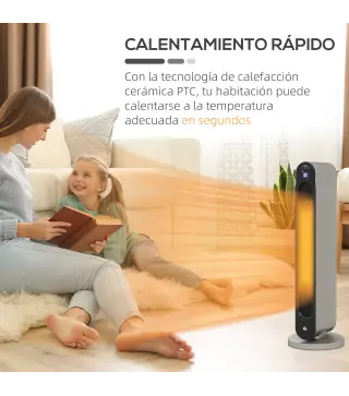 Calefactor Cerámico de Torre 1100/2200W Mando Pantalla LED Temporizador y Oscilación Ø25x73,5 cm Plata y Negro