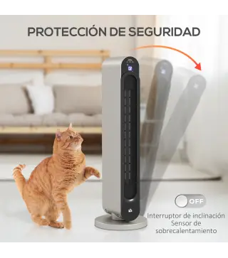 Calefactor Cerámico de Torre 1100/2200W Mando Pantalla LED Temporizador y Oscilación Ø25x73,5 cm Plata y Negro